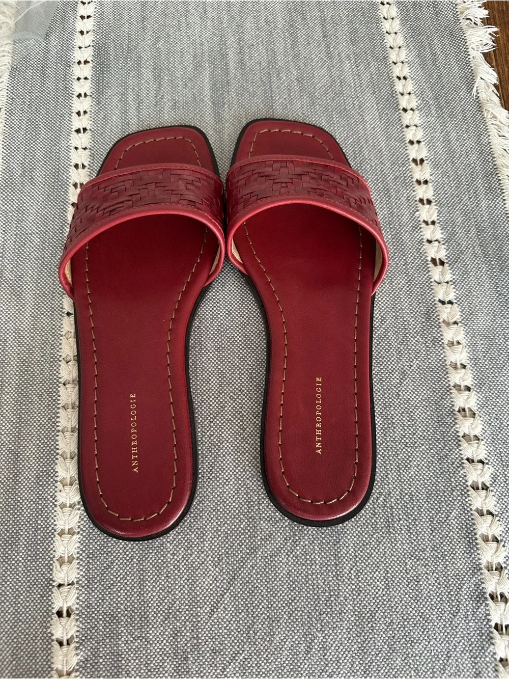 Anthropologie Red Woven Slide Sandals